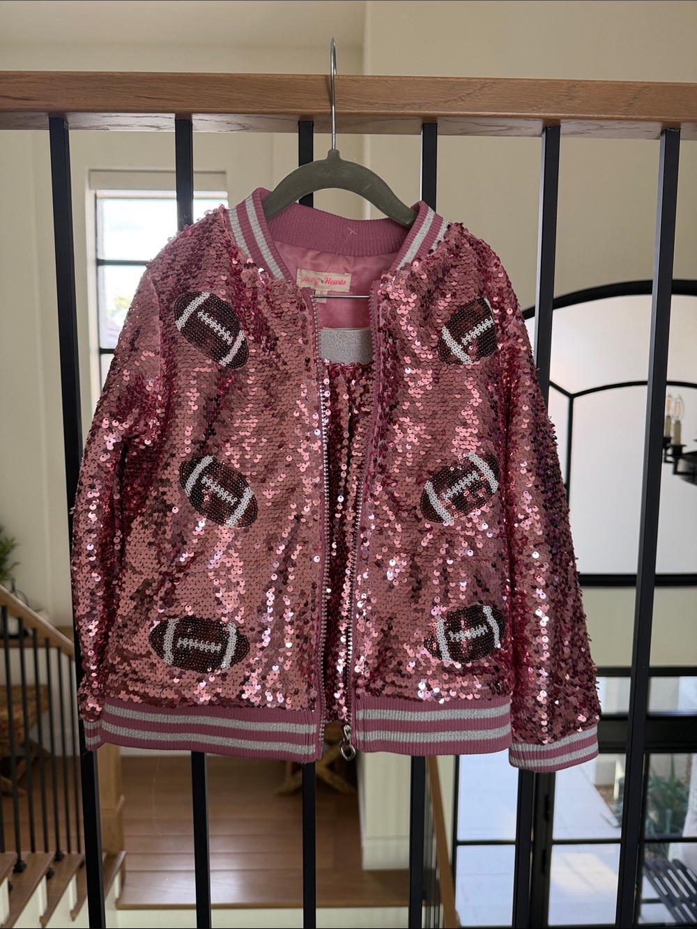 Girls' Pink Sequin Bomber Jacket with Football Motif